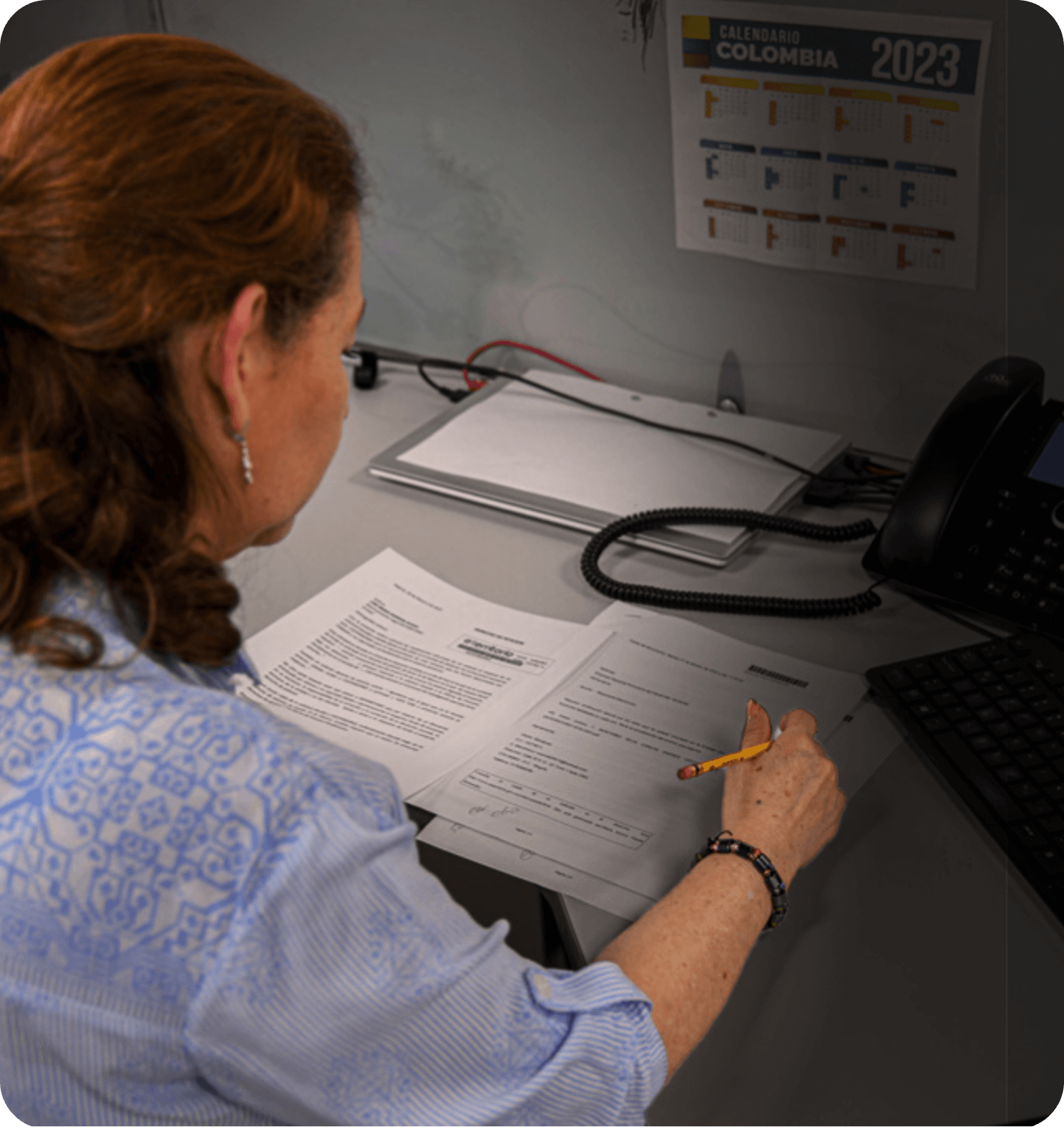 Señora de espaldas observando algunos documentos.
