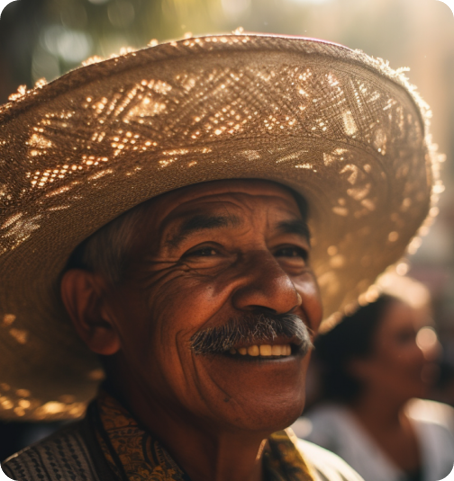 Señor mayor con un sombrero mirando hacia arriba mientras sonríe.