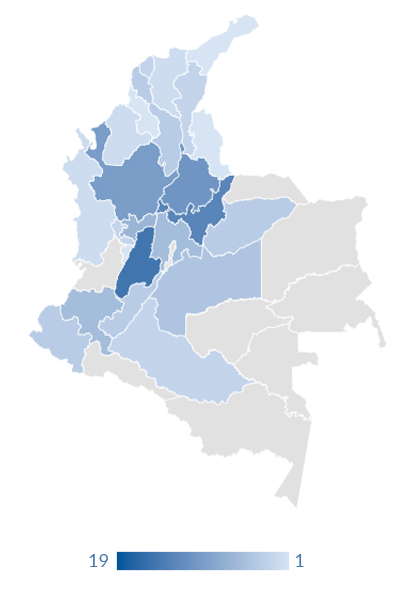 Mapa de Colombia que indica la presencia en cada departamento.